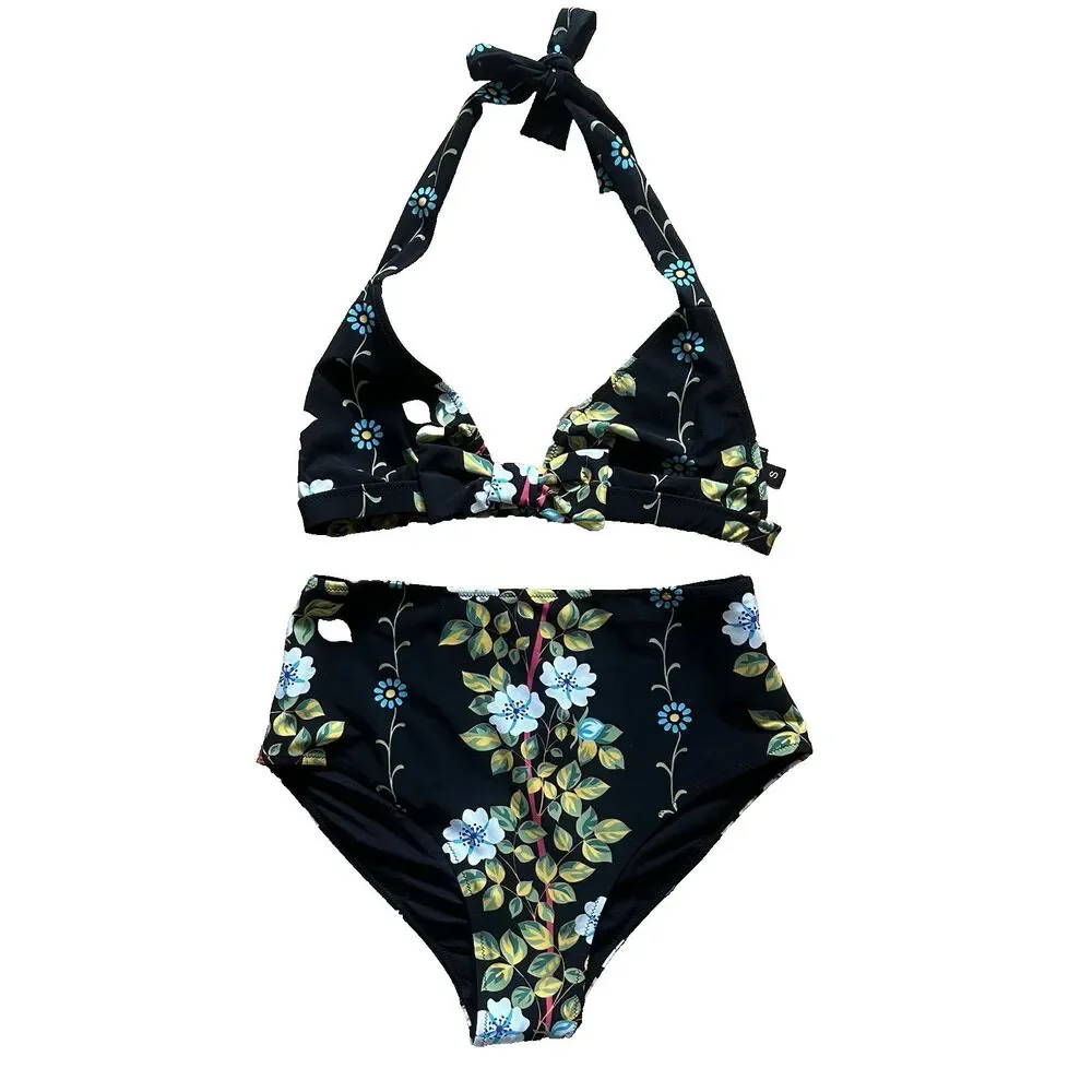ETRO Milano BlackFloral Halter Neck High Waist Bikini Set NEW MSRP $850 Sz S/2-4